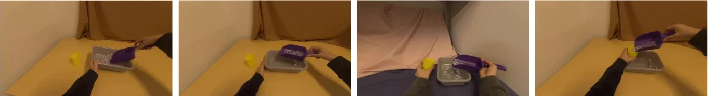 Four chronological preview frames showing a human scooping ice and dumping it into a cup.